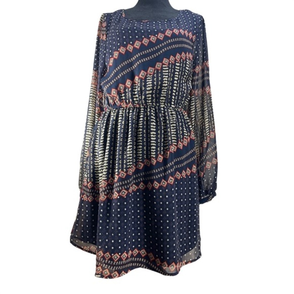 Womens SZ M Geometric Ikat Chiffon Mini Dress Navy Multicolor Boho‎ Festival